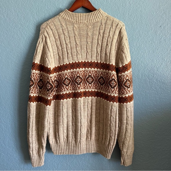 Jantzen Vintage Fair Isle Cable Knit Sweater USA Made Beige Brown Mens XL - Picture 2 of 10